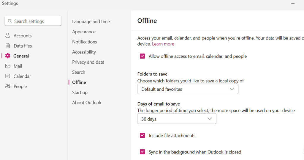 Outlook email stopped working fix: New Outlook offline settings